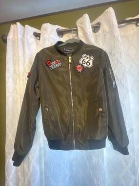 C'esttoi Olive Green Patched Bomber Jacket